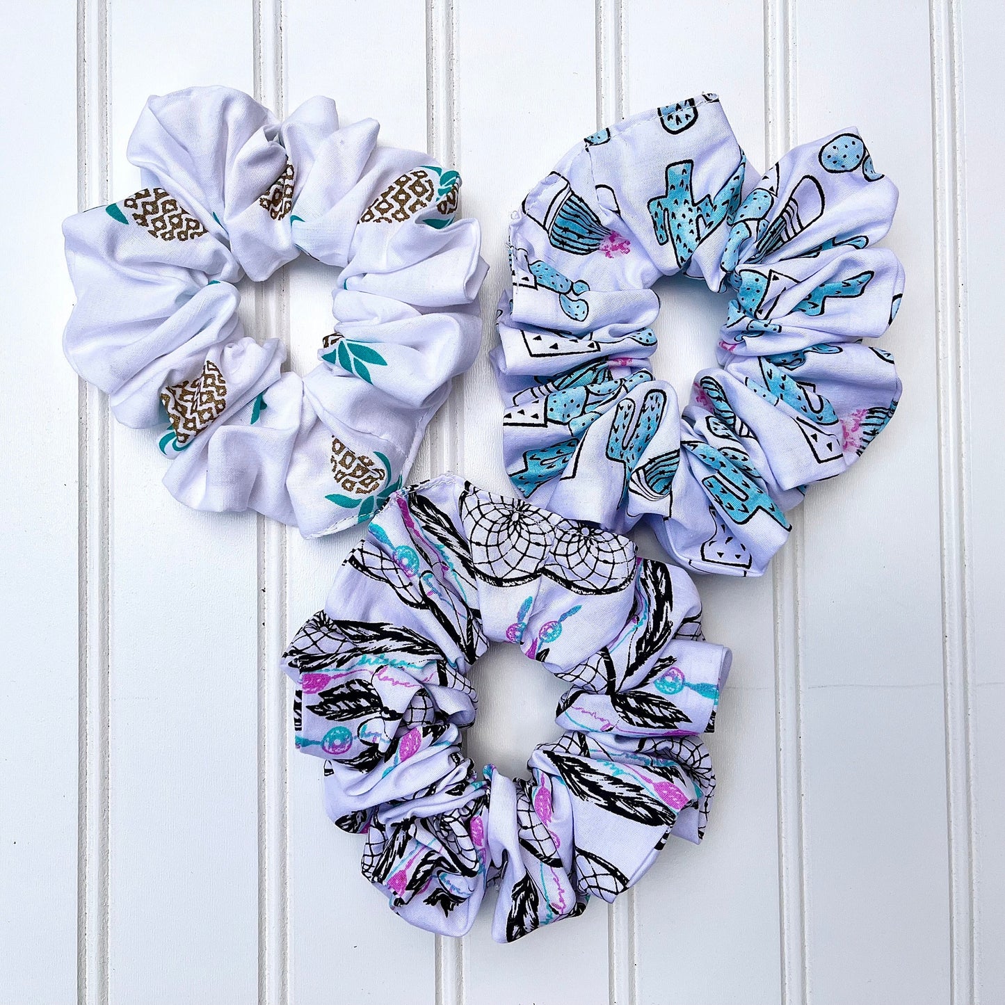 Tropical Scrunchies Set: Pineapple, Cactus, Dream Catcher Prints