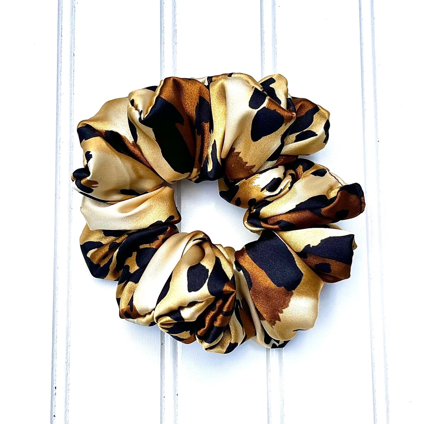 Handmade Satin Leopard Print Scrunchie: Silky Animal Print Hair Tie
