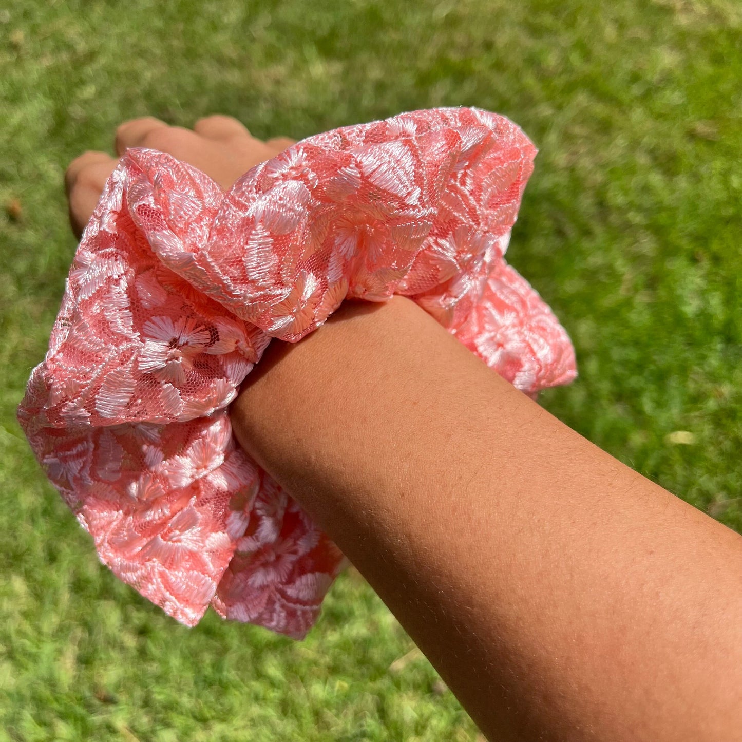 Pink Lace Scrunchie: Shimmery Floral Hair Fashion