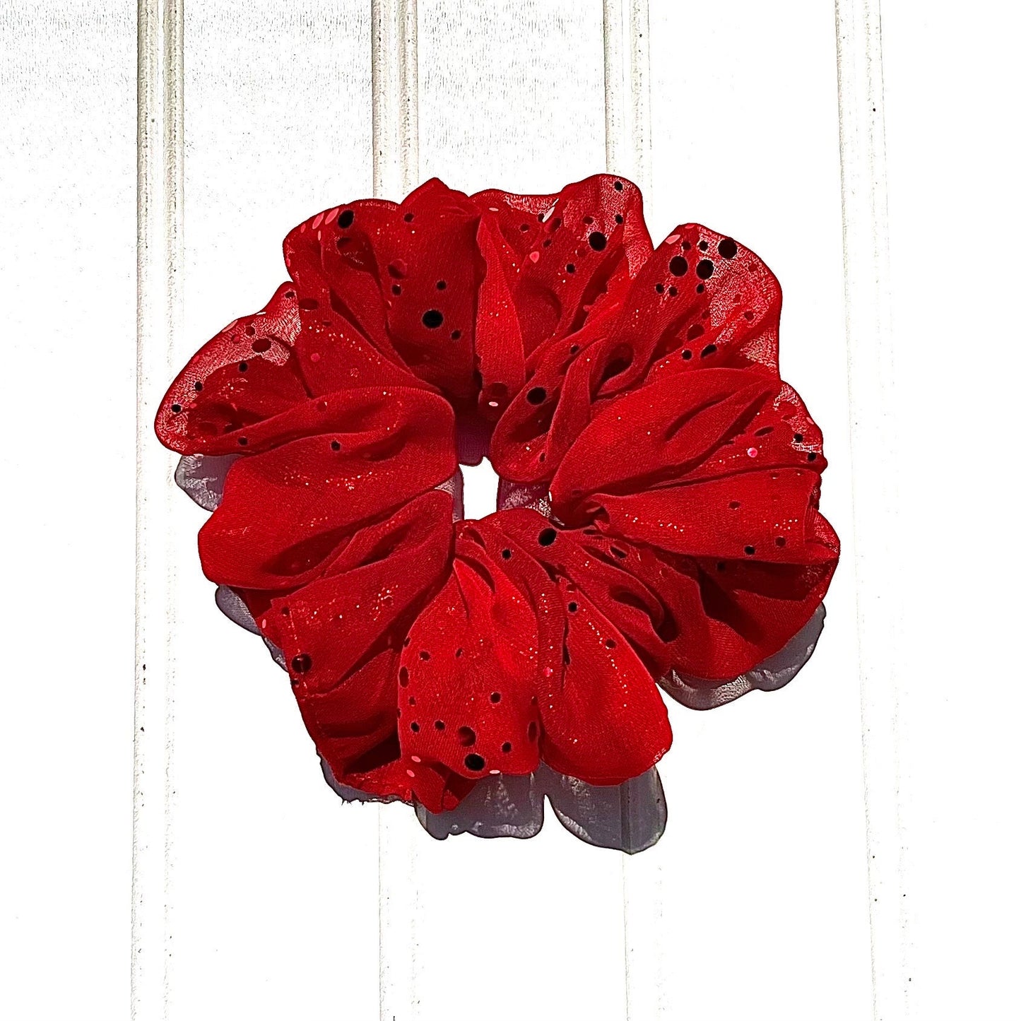 Red Foil Dotted Chiffon Scrunchie: Handmade Hair Accessory