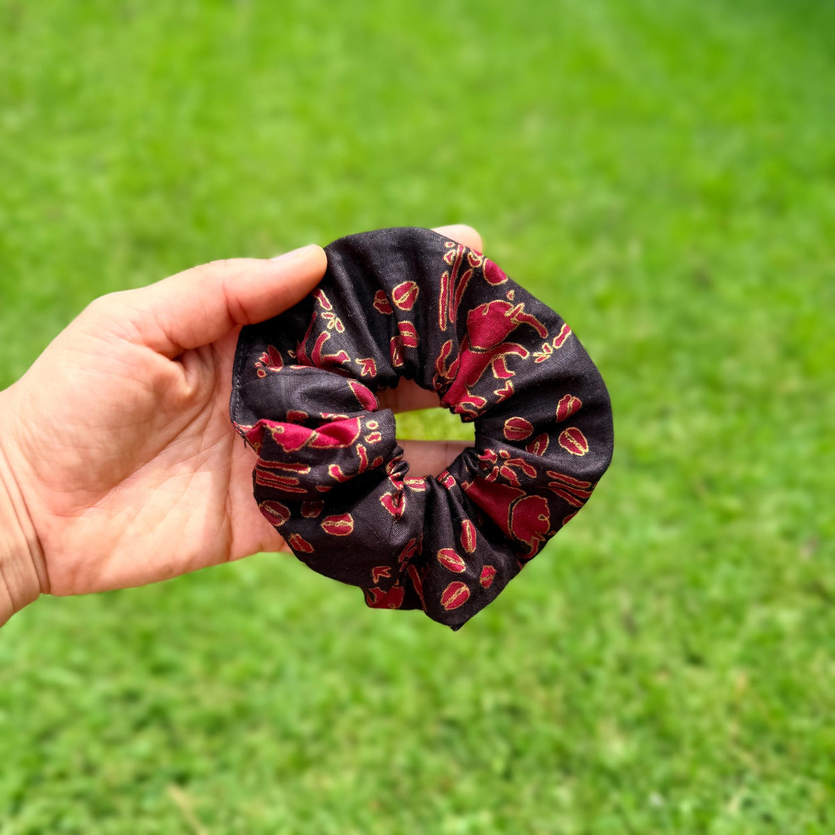 Black, Gold, & Red African Elephant and Coffee Beans Scrunchie – Bold Elegant Hair Tie, Statement Hair Accessory