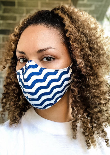 100% Cotton 3 Layer Blue Wavy Chevron Print Face Masks with removable nose wire and Filter Pocket