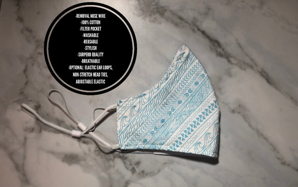 100% Cotton 3 Layer Aqua Tribal Wave Print Face Masks with removable nose wire and Filter Pocket