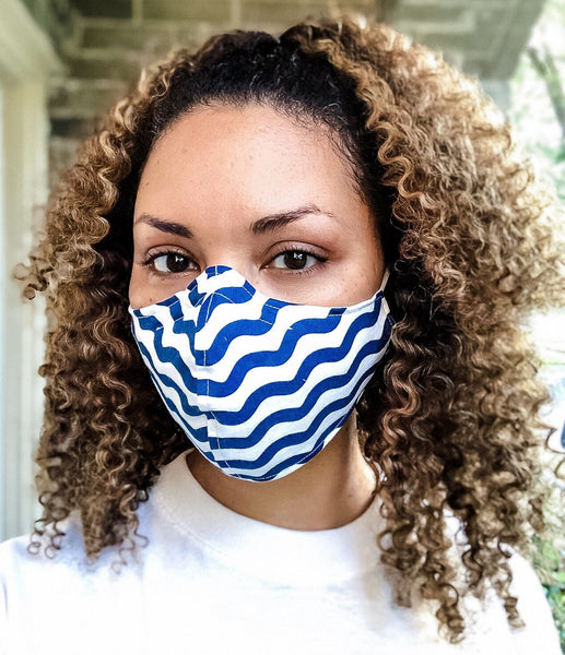 100% Cotton 3 Layer Blue Wavy Chevron Print Face Masks with removable nose wire and Filter Pocket
