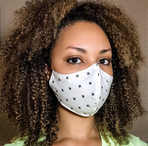 100% Cotton 3 Layer Black X or Cross Print Face Masks with removable nose wire and Filter Pocket
