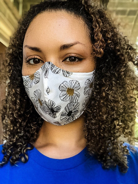 100% Cotton 3 Layer Metallic Gold Center Black and White Floral Print Face Masks with removable nose wire and Filter Pocket