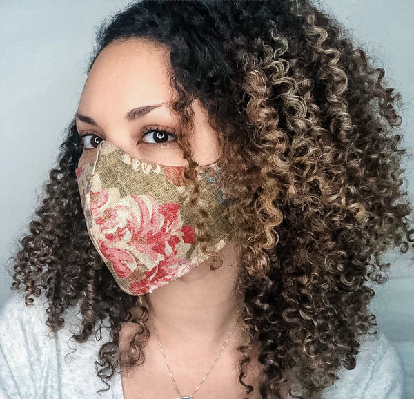 100% Linen 3 Layer Natural Floral Print Face Masks with removable nose wire and Filter Pocket, Face mask, Natural Colored Mask, Fall Mask