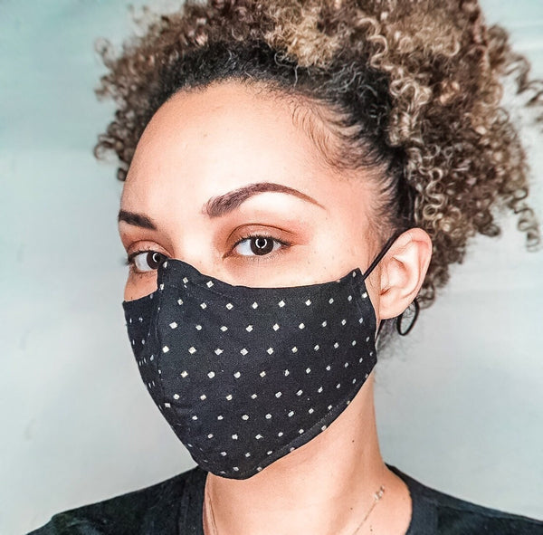 100% Cotton 3 Layer Gold Metallic Square Dotted Black Face Masks with removable nose wire and Filter Pocket