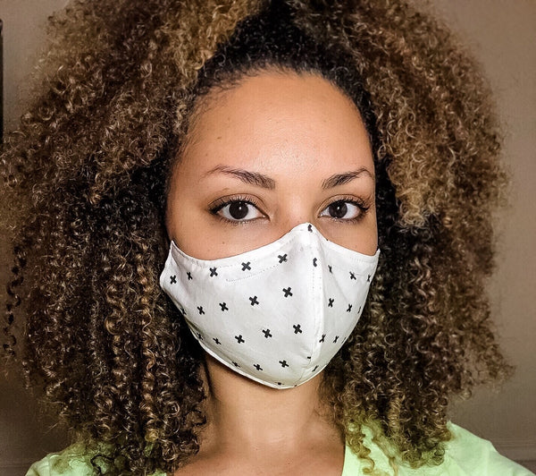 100% Cotton 3 Layer Black X or Cross Print Face Masks with removable nose wire and Filter Pocket