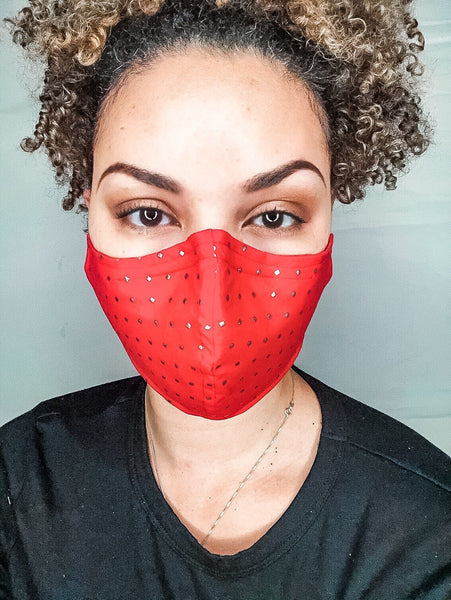 100% Cotton 3 Layer Red and Gold Metallic Square Dot Print Face Masks with removable nose wire and Filter Pocket, Glam mask, Red mask