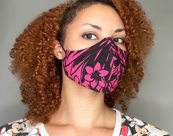 100% Cotton 3 Black and Hot Pink Floral Print Face Masks with removable nose wire and Filter Pocket
