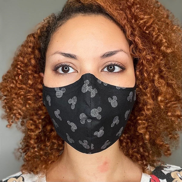 100% Cotton 3 Layer Black and White Mouse Licensed Fabric Face Masks with removable nose wire and Filter Pocket, Mask