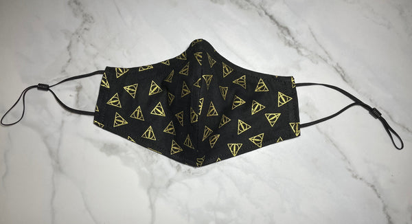 100% Cotton 3 Layer Deathly Triangle Print face mask made with licensed Harry Potter fabric with removable nose wire and Filter Pocket