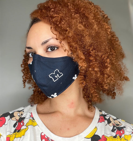 100% Cotton 3 Layer Navy Mouse Varsity Licensed Fabric Face Masks with removable nose wire and Filter Pocket