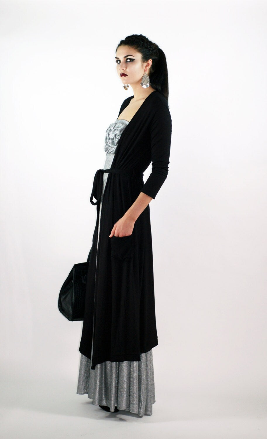 Mona Long Belted Duster Cardigan, Open-Front Light Weight Duster in Jersey Spandex, Duster Cardigan, Long Sleeve Duster