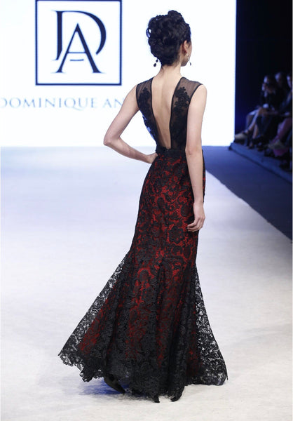 Organza Lace Embroidered top with Red lining and Black Lace Gown