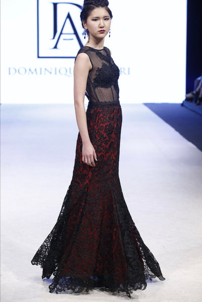 Organza Lace Embroidered top with Red lining and Black Lace Gown