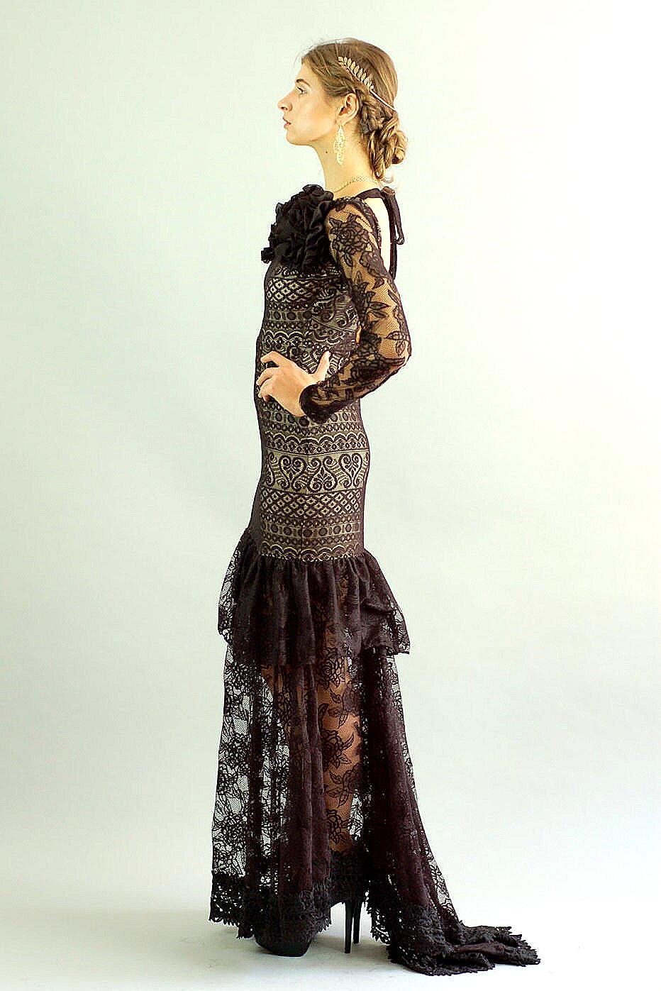 Black Lace Maxi Gown: Handmade Flamenco Ballroom Dress - Size Small