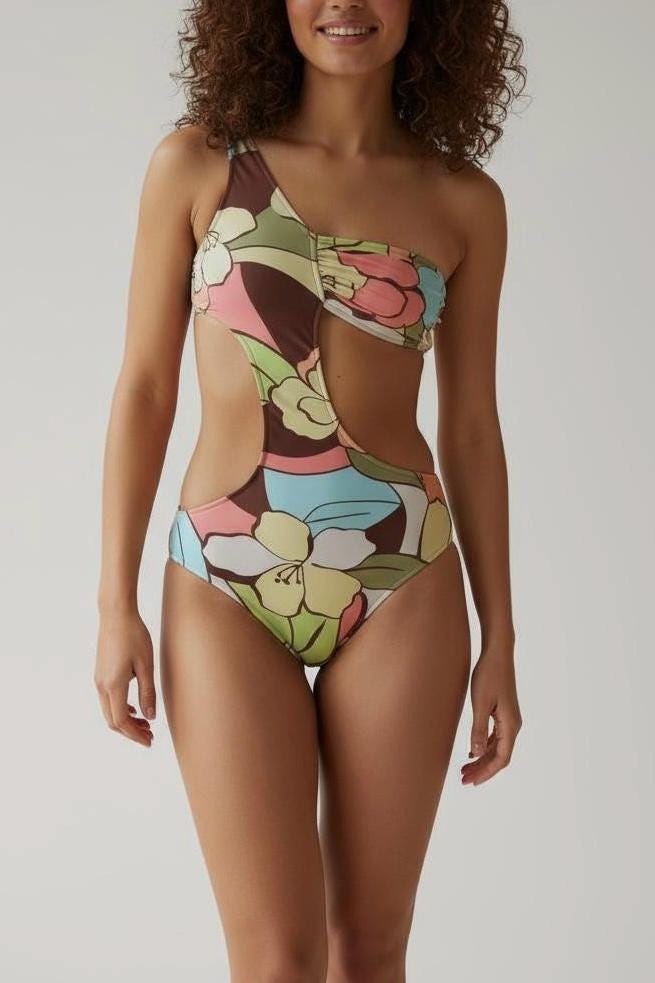 Floral One Shoulder Cutout Swimsuit – Monokini with Bold Print