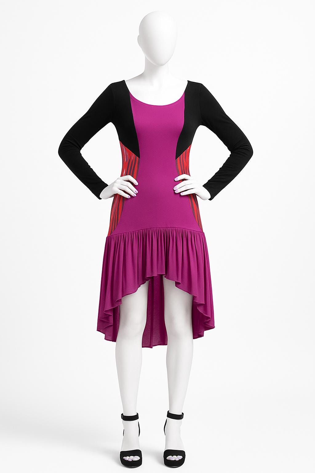 Abstract Print Hi-Lo Dress: Long Sleeve Colorblock Rayon Blend