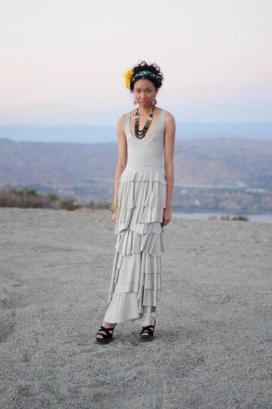 Taupe Flounce Maxi Dress: Handmade Modal Ruffle Layer Tank Dress