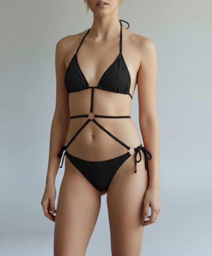 Ring Detail Strappy Cutout Bikini Set – Halter Tie Top and Side-Tie Bottoms