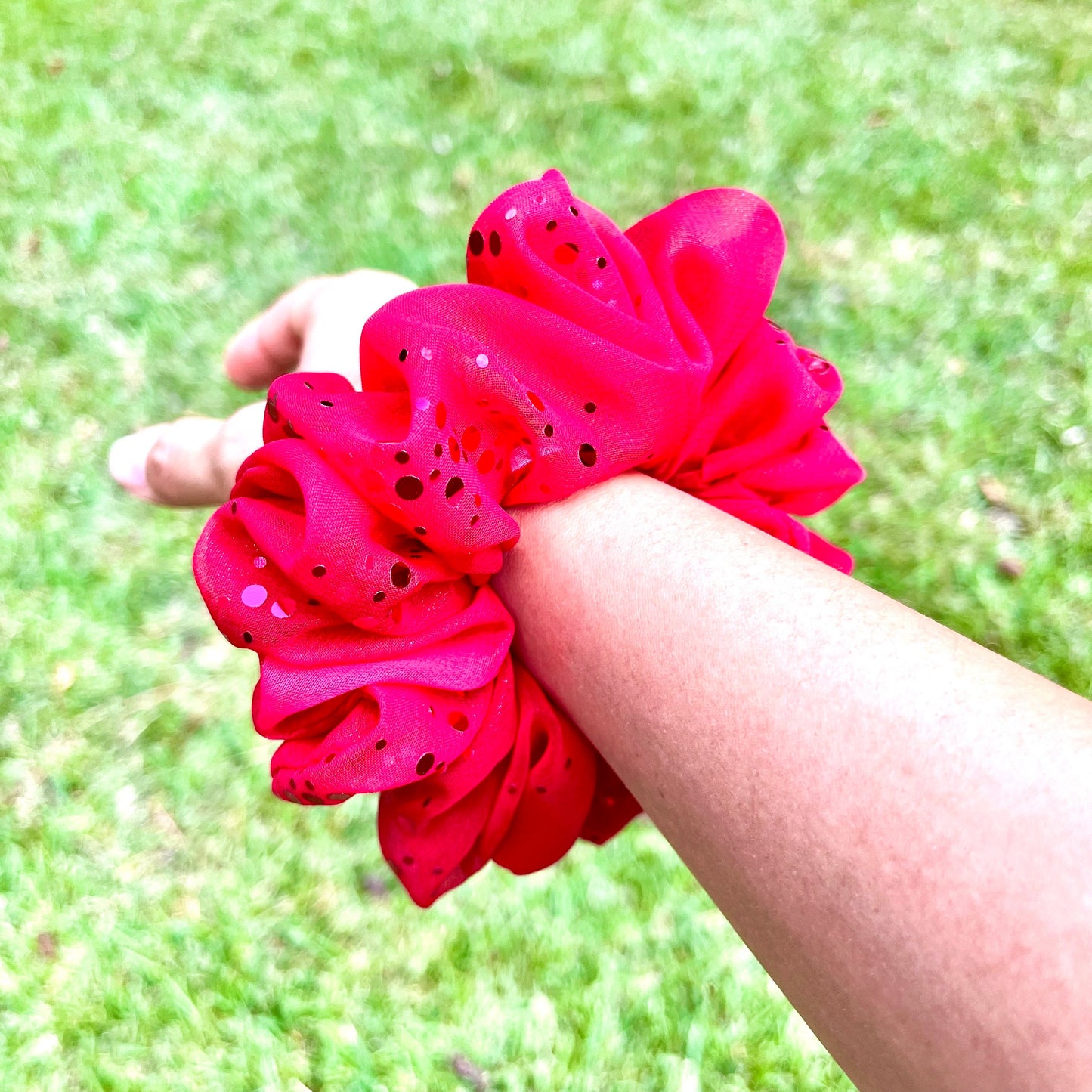 Red Foil Dotted Chiffon Scrunchie: Handmade Hair Accessory