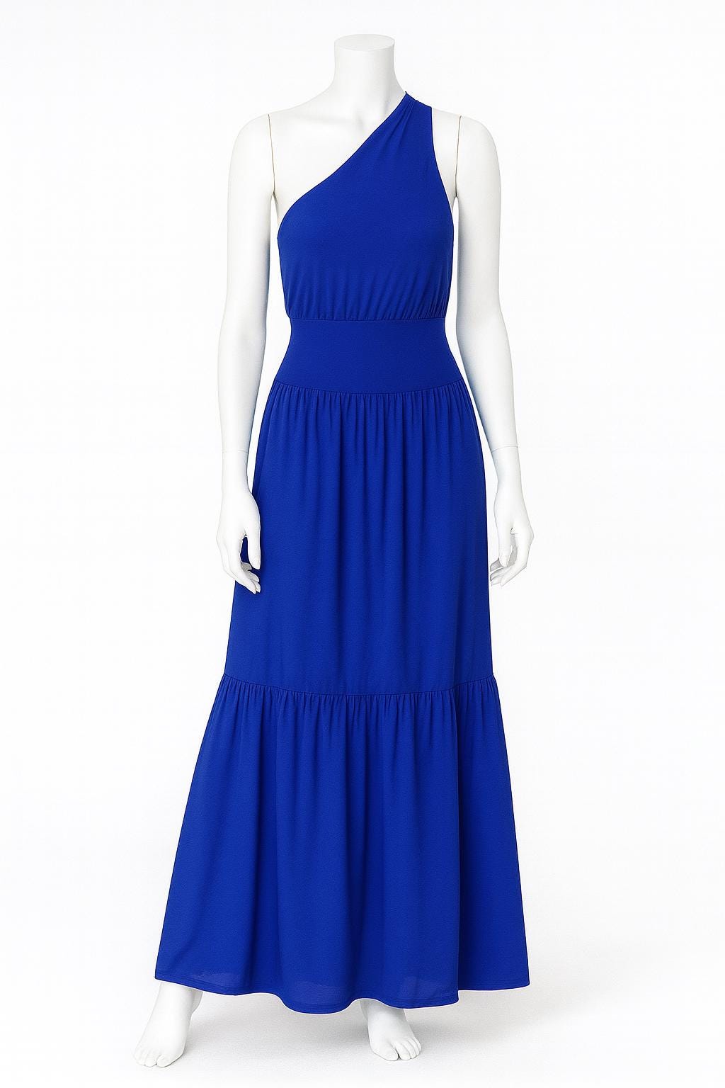 One Shoulder Maxi Dress: Cinched Waist Tiered Long Dress