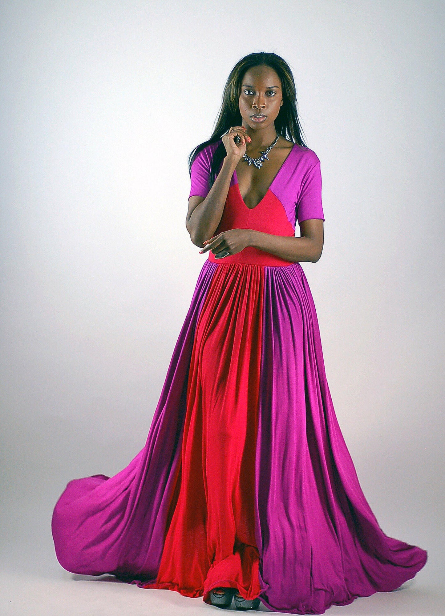 Colorblock Maxi Dress: Red & Fuchsia, Handmade Rayon Blend