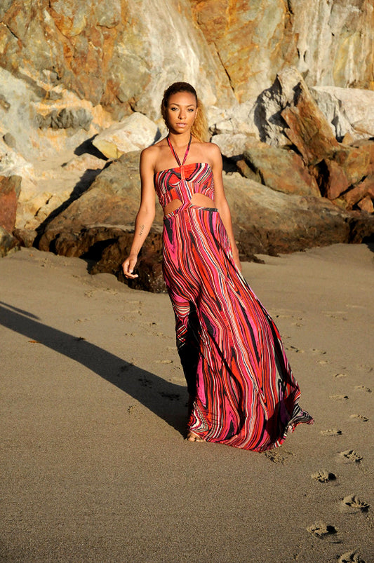 Psychedelic Halter Maxi Dress: Cut Out Knit Gown