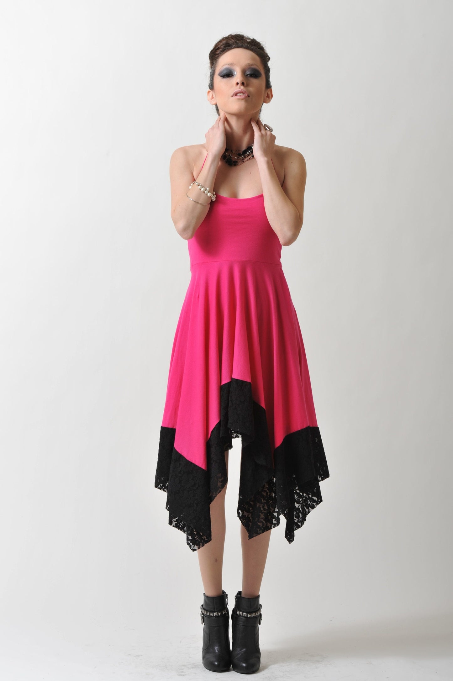 Halter Handkerchief Dress with Lace Hem - Hot Pink Handmade Midi