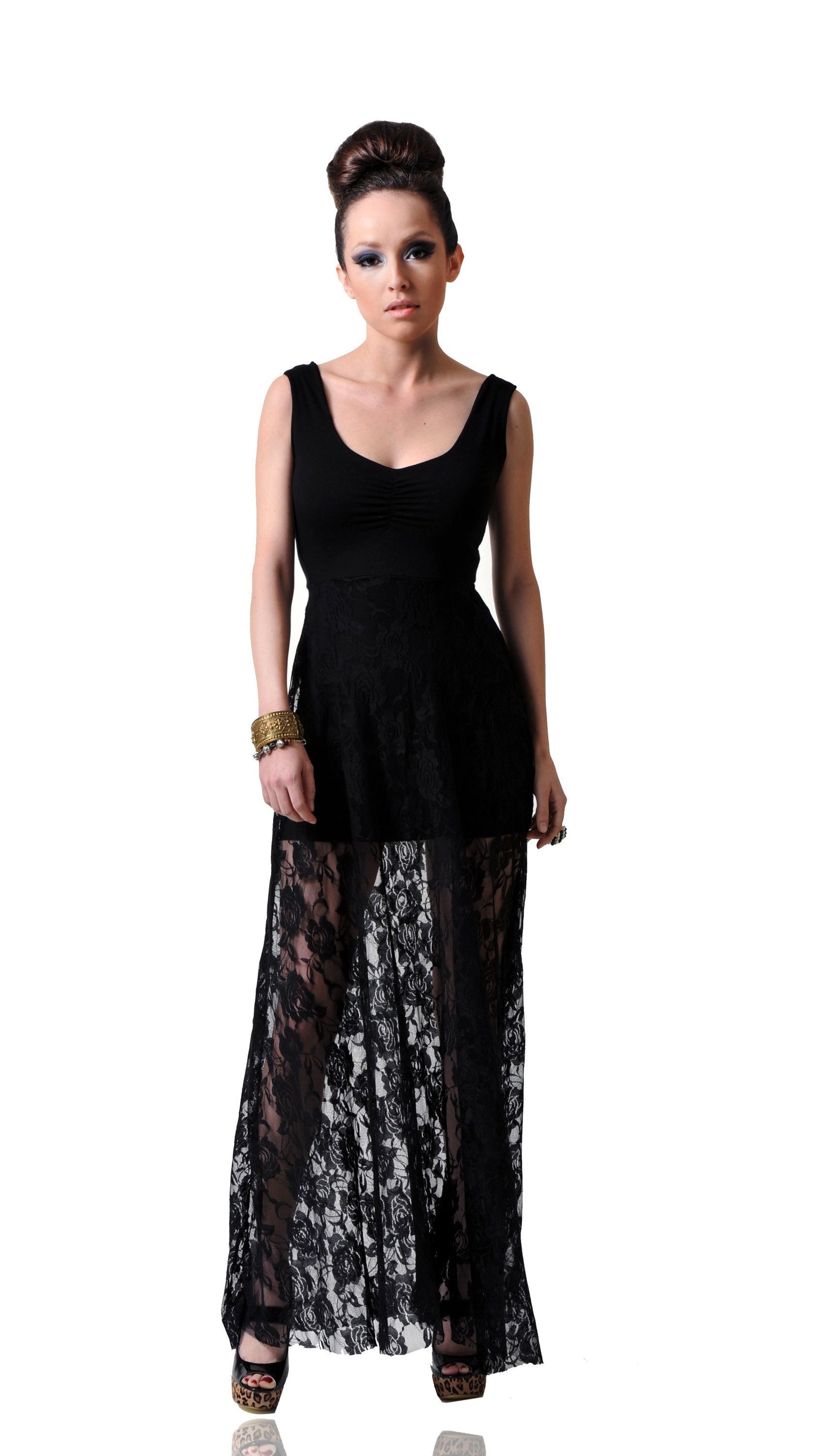 Lace Maxi Dress with Tank Top: Cinched Bust, Handmade in USA