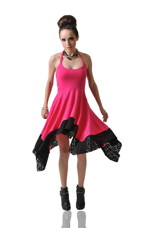 Halter Handkerchief Dress with Lace Hem - Hot Pink Handmade Midi