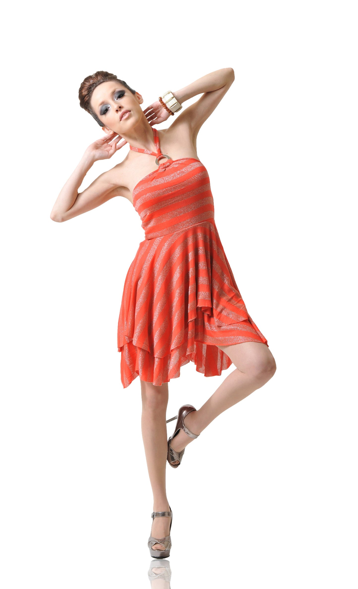 Orange Metallic Stripe Mini Dress: Halter Fit & Flare