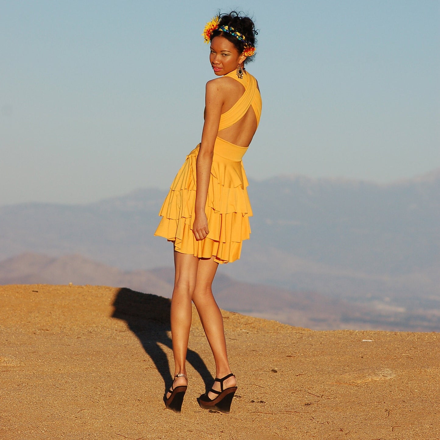 Tiered Ruffle Mini Dress: Infinity Tie Straps, Handmade in USA