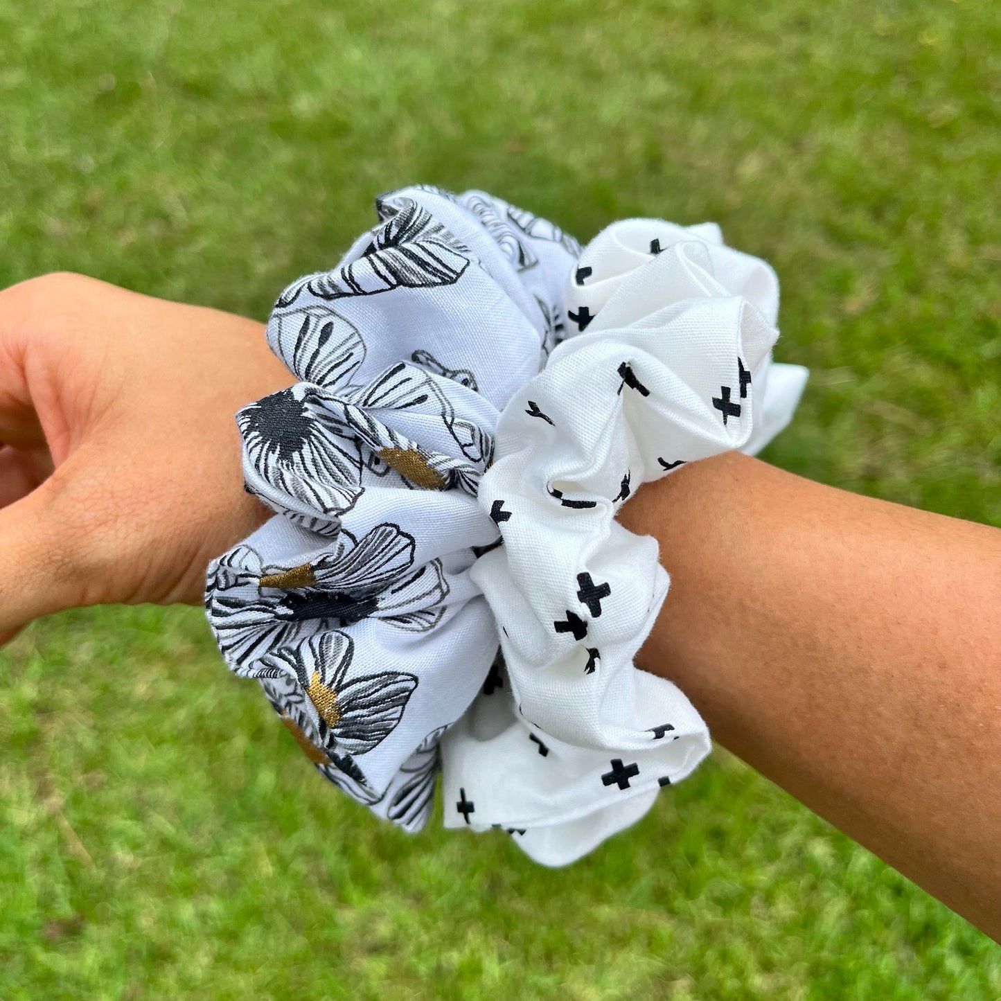 Black and White Cotton Scrunchies: Floral & Criss Cross Prints
