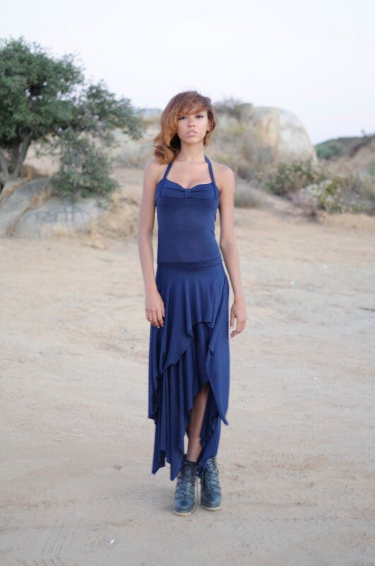 Navy Blue Asymmetrical Halter Dress: Handmade Jersey Midi