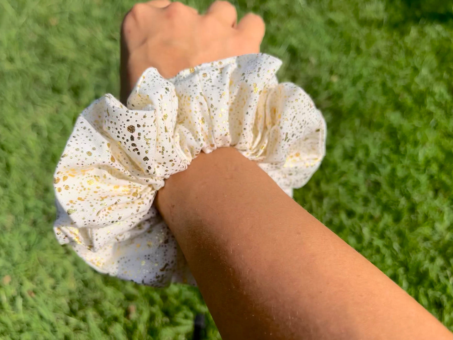 Handmade Ivory and Gold Cotton Scrunchie: Holiday Hair Accessory