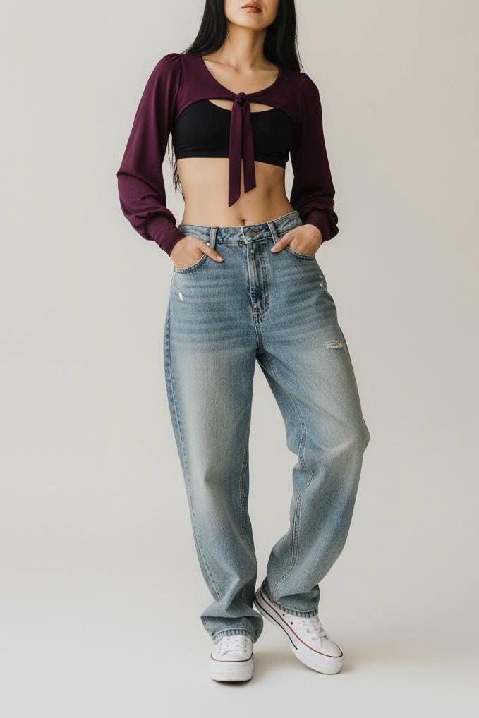 Tie-Front Long Sleeve Shrug | Soft Stretch Cropped Bolero Top