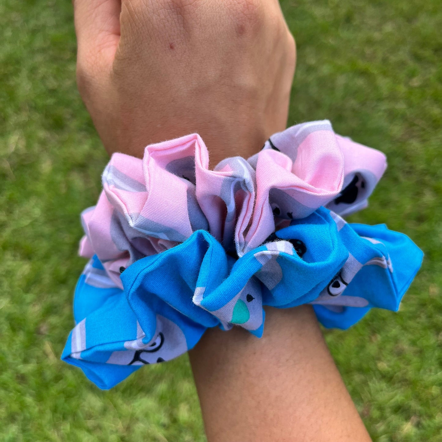 Bunny Print Cotton Scrunchie: Pink & Blue Hair Tie, USA Handmade