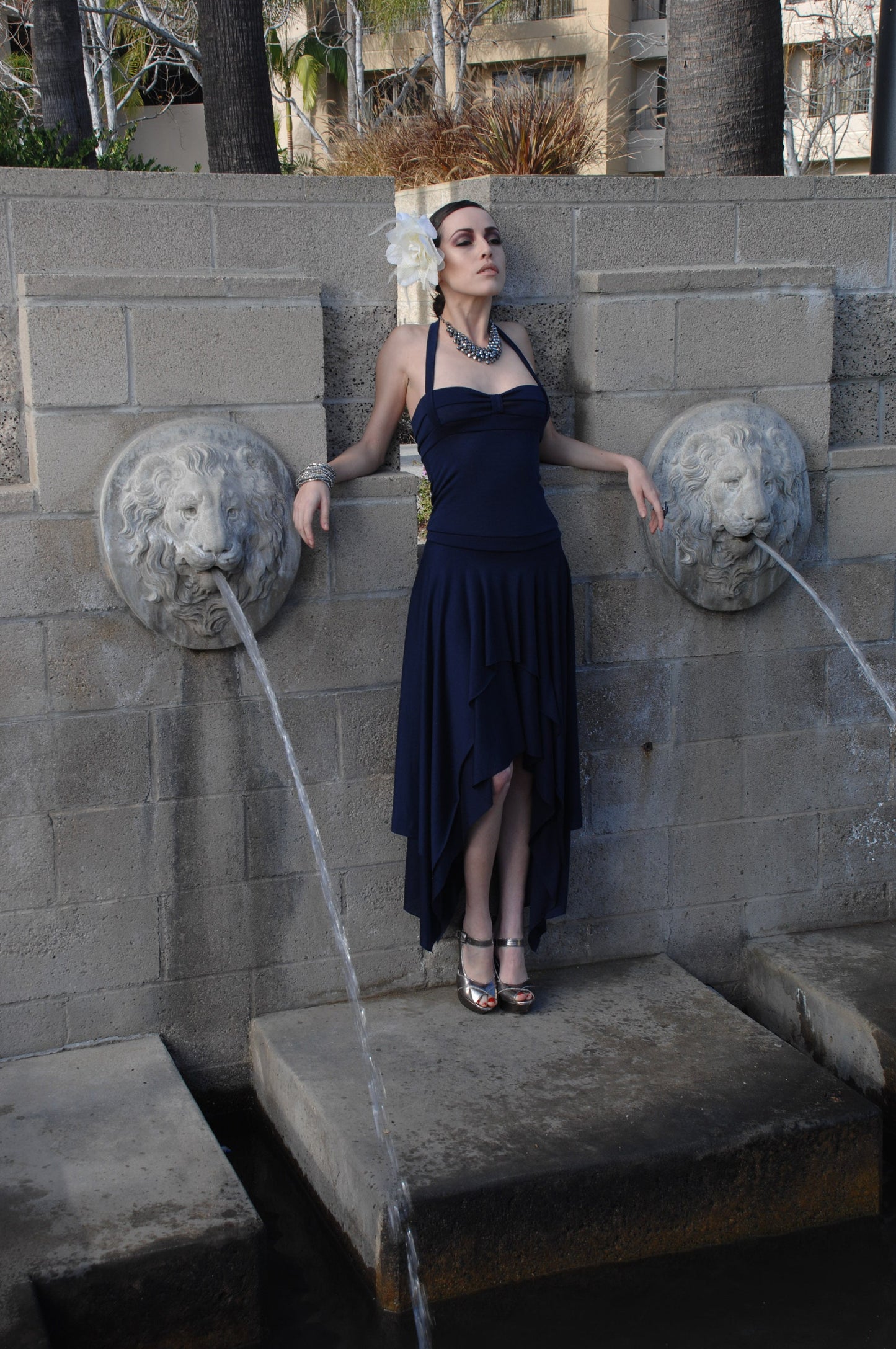 Navy Blue Asymmetrical Halter Dress: Handmade Jersey Midi
