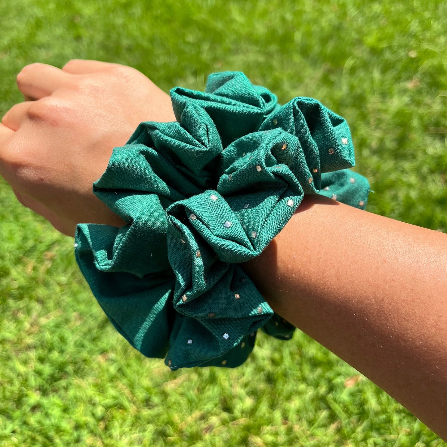 Green Cotton Scrunchie: Festive Holiday Hair Tie, Handmade in USA