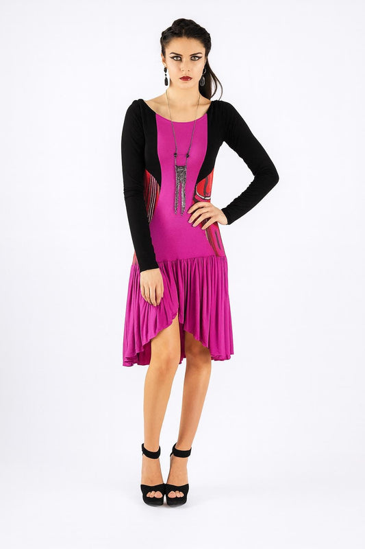 Abstract Print Hi-Lo Dress: Long Sleeve Colorblock Rayon Blend