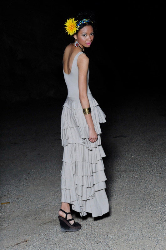 Taupe Flounce Maxi Dress: Handmade Modal Ruffle Layer Tank Dress