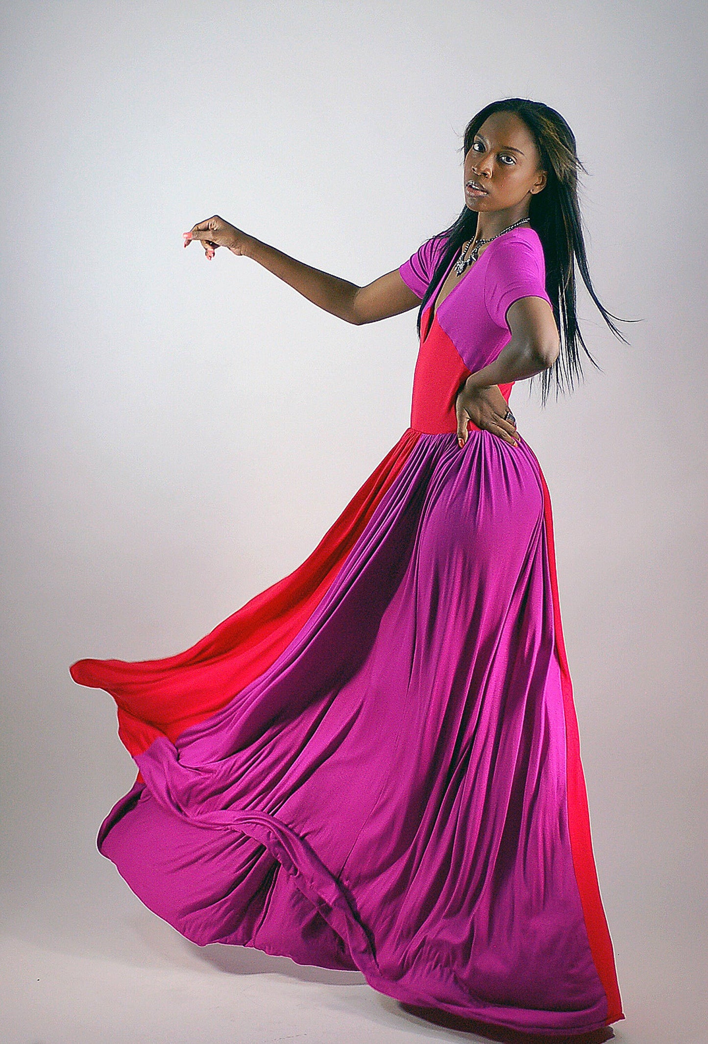 Colorblock Maxi Dress: Red & Fuchsia, Handmade Rayon Blend