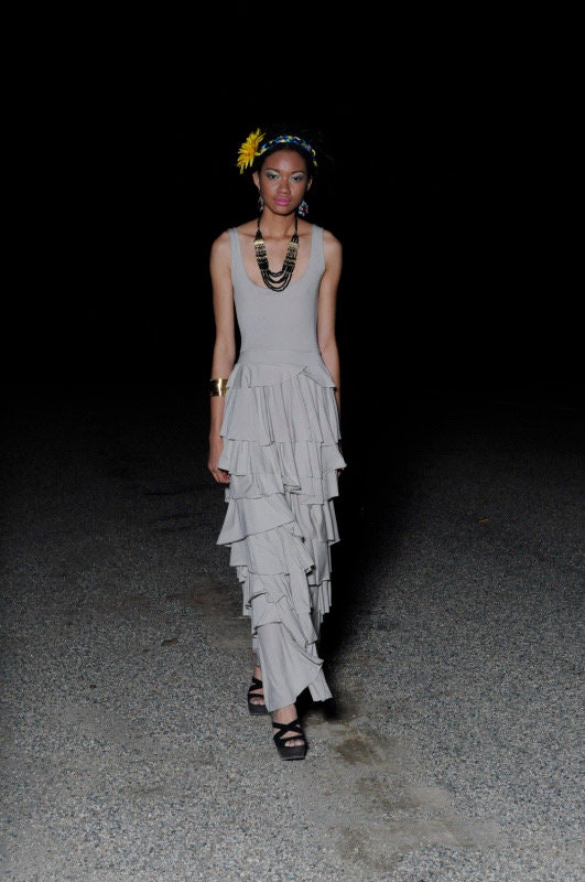 Taupe Flounce Maxi Dress: Handmade Modal Ruffle Layer Tank Dress