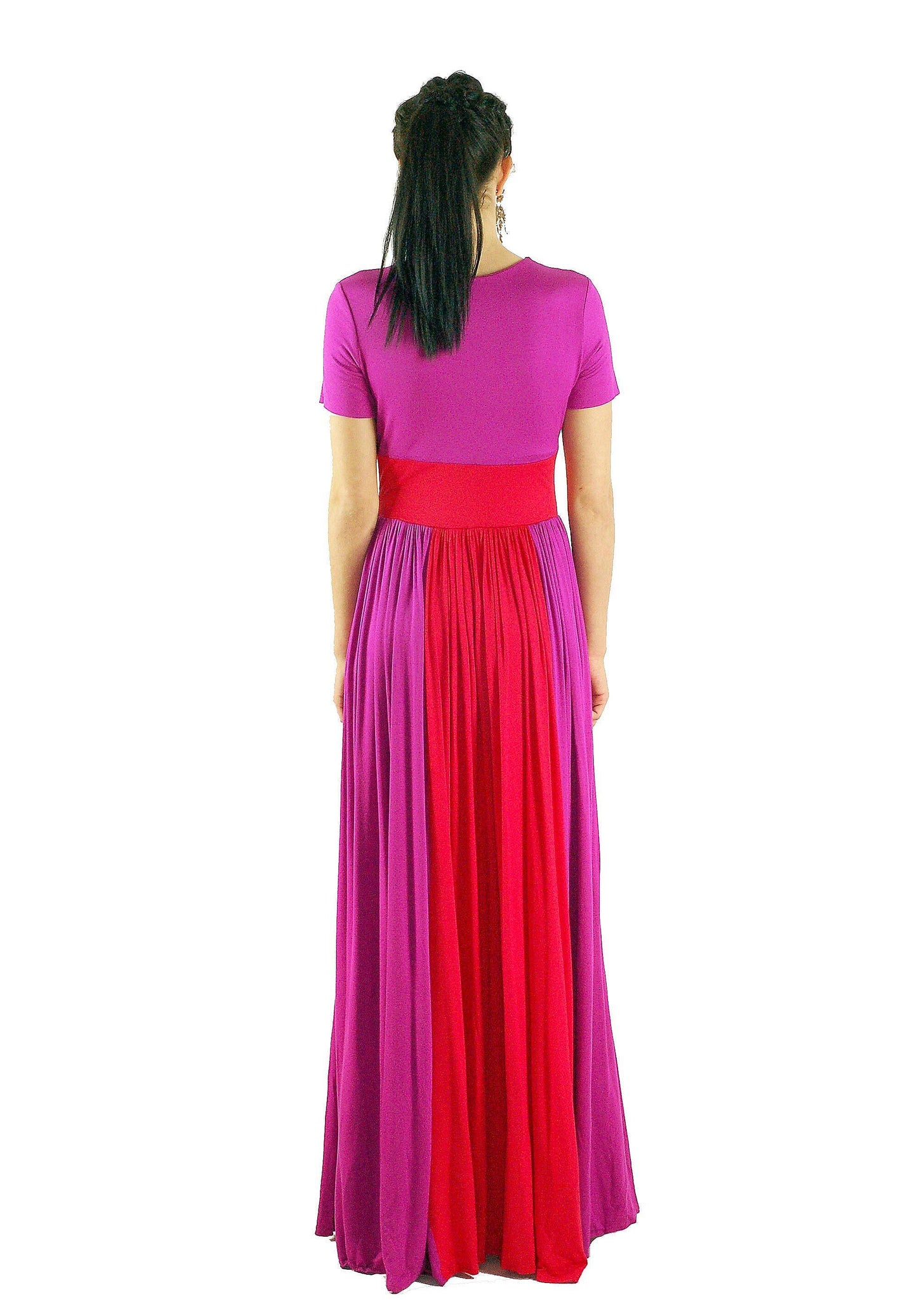 Colorblock Maxi Dress: Red & Fuchsia, Handmade Rayon Blend