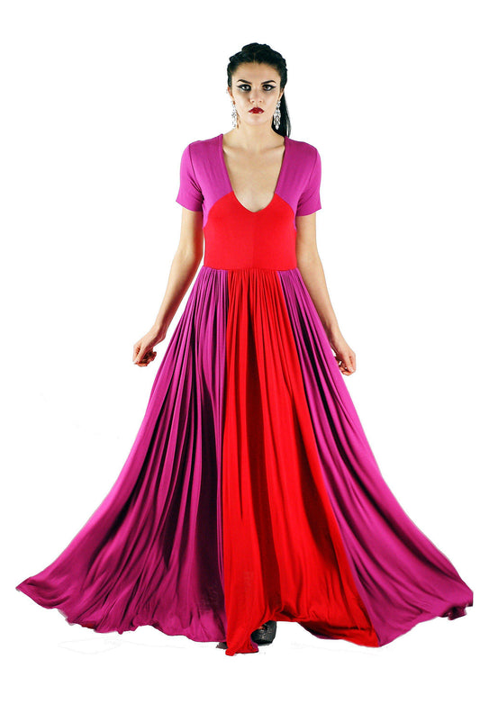 Colorblock Maxi Dress: Red & Fuchsia, Handmade Rayon Blend