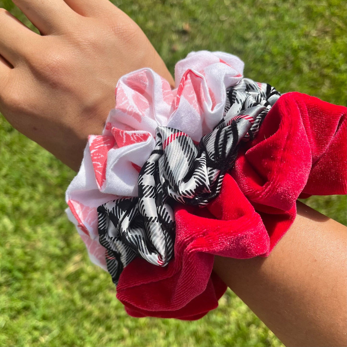 Red Velvet Plaid Scrunchies: Handmade Cotton Blend Hair Accessories