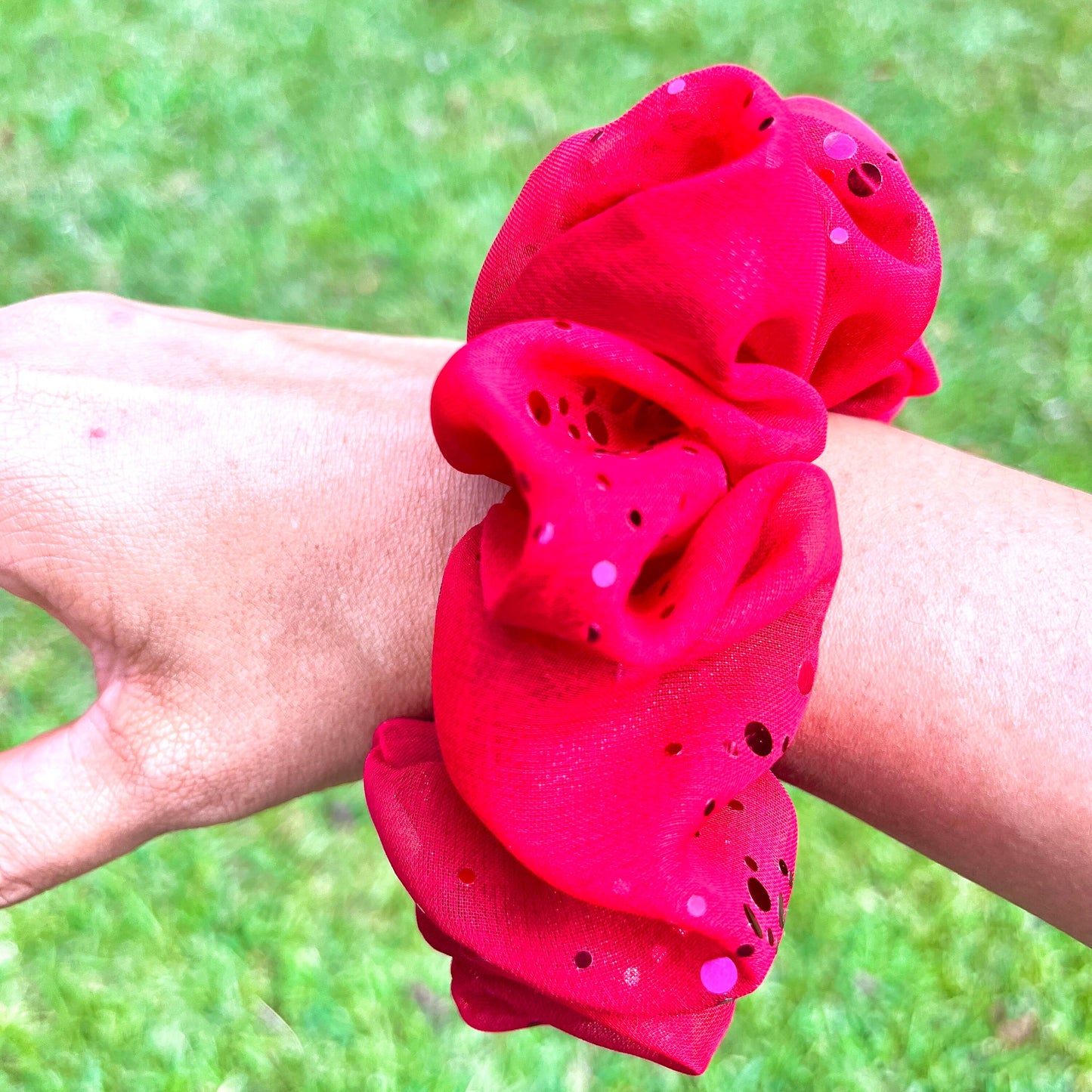 Red Foil Dotted Chiffon Scrunchie: Handmade Hair Accessory